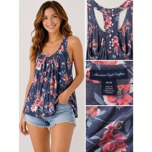 American Eagle Navy Floral Racerback Tank M